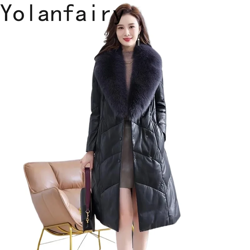 YOLANFAIRY Genuine Leather Down Jacket Women Clothes Mid-long Pure Sheepskin Jacket Belt Fashion Trench Coat Fox Fur Collar