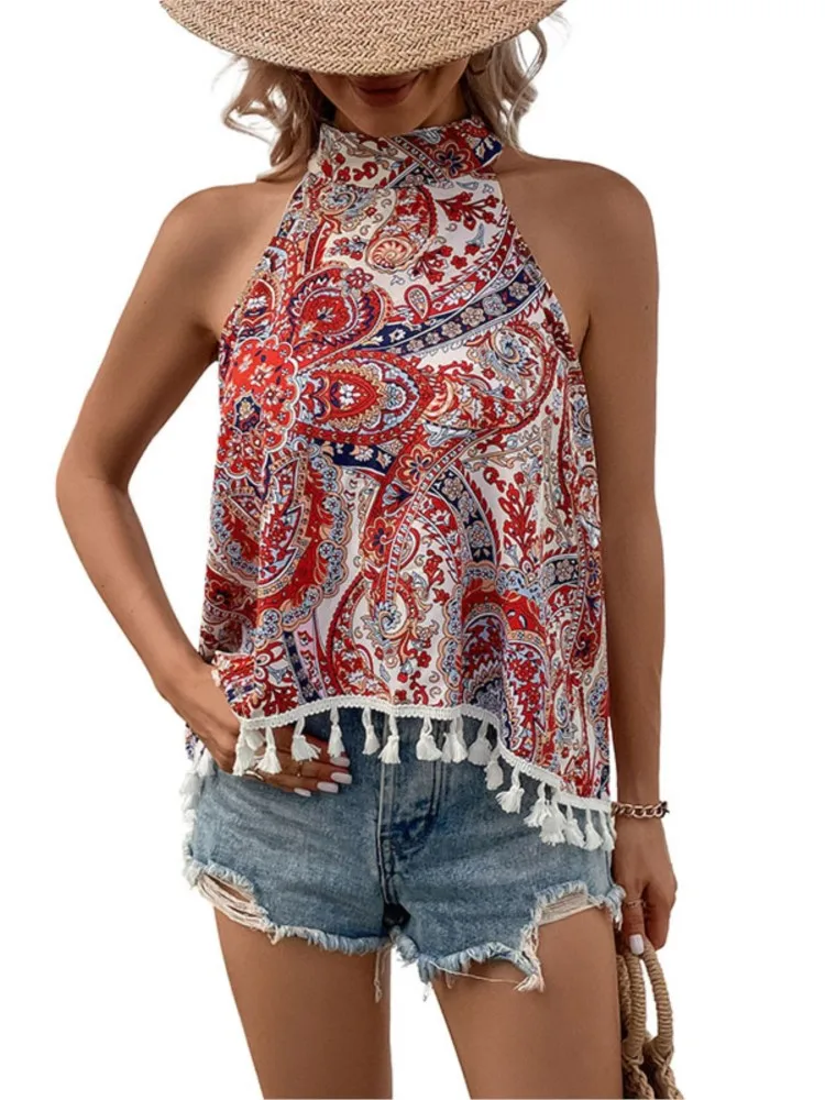 Ethnic Style Vest Women\'s Blouses 2024 Summer New Sleeveless Tassel Halter Top Vintage Print Loose Boho Beach Femal Clothing