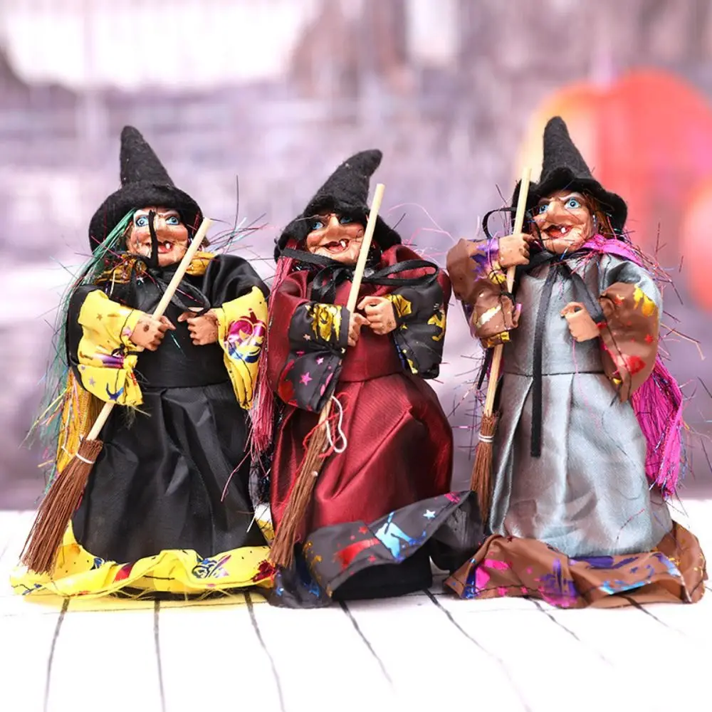 Creative DIY Halloween Witch Ornaments Handmade Witch Broom Witch Figurines With Broom Witch Broom Props Scene Decor
