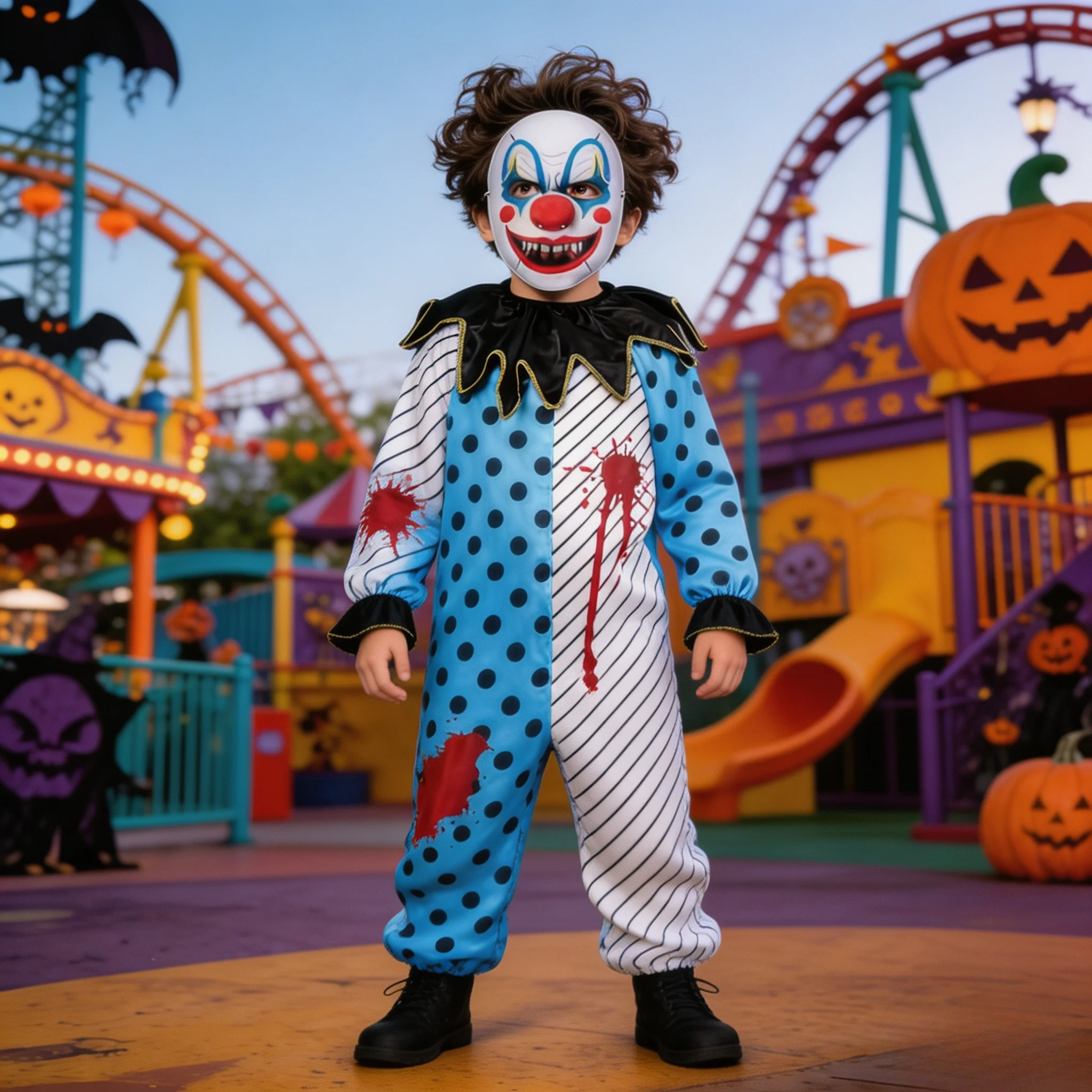 Halloween Kinderen Eng Clown Kostuum Jongens Blauwe Polka Dot Gestreepte Jumpsuit met Masker