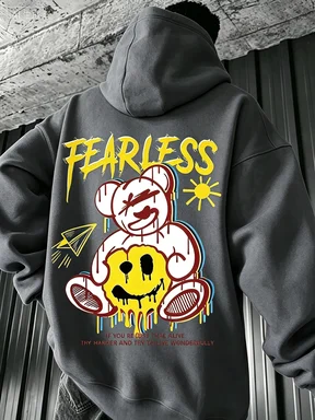 Fashionable autumn men's personalized teddy bear graffiti print soft and comfortable hooded sweatshirt outdoor high street cloth