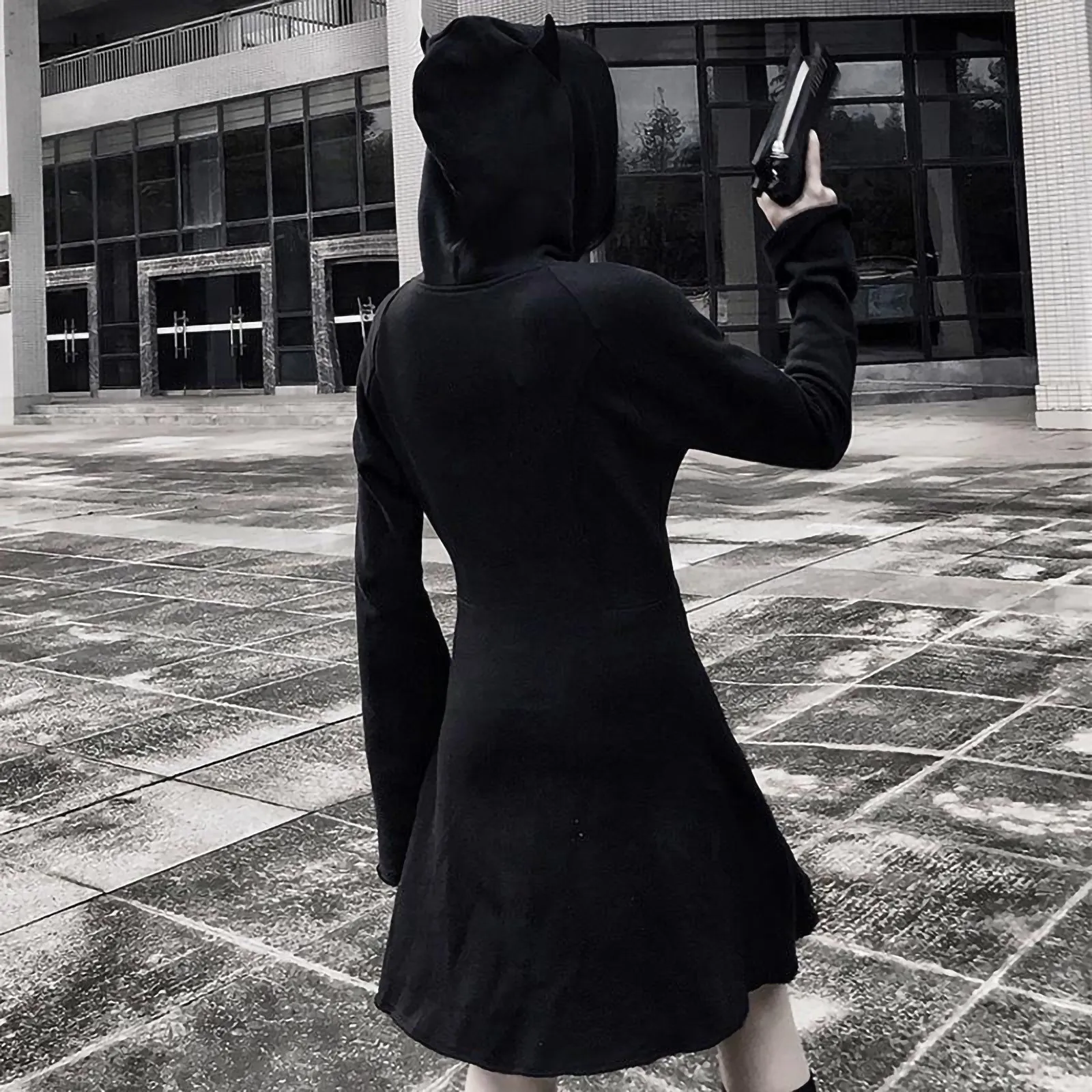 Gothic Black Slim Sweatshirt Dress Fashion Cat Ears Hooded Zip Sweatshirt Dress Women\'s Streetwear Solid Long Sleeve Hoodies