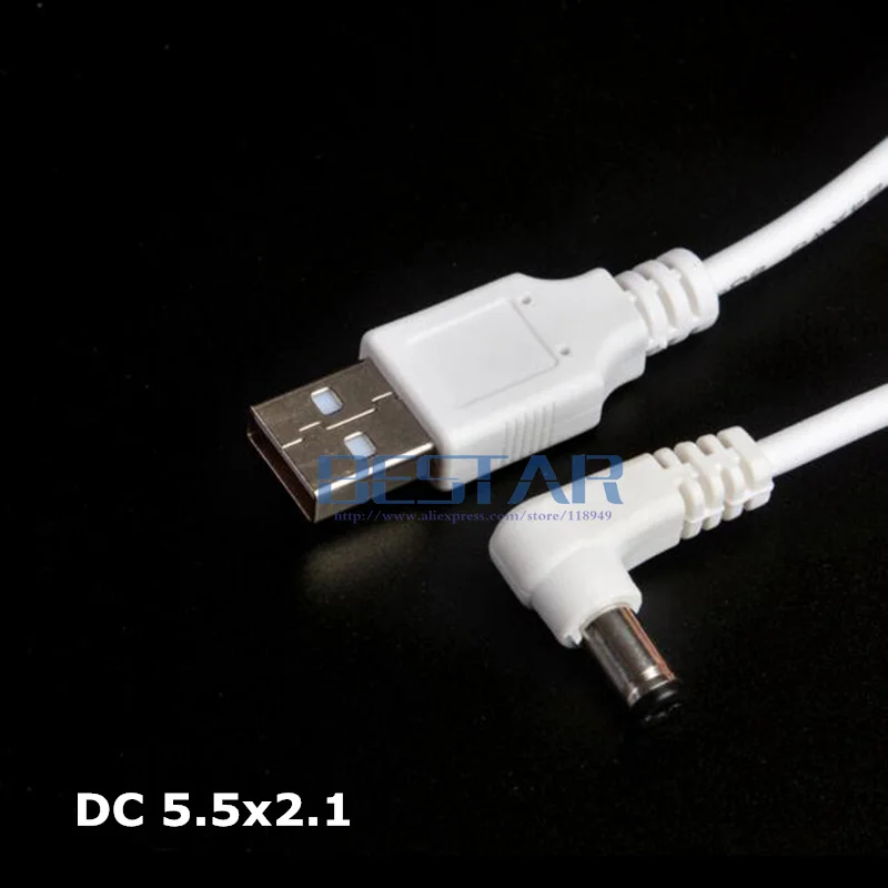 White DC Elbow Power cable Plug USB To DC 5.5*2.1 5.5*2.1mm 5.5mm x 2.1mm 5.5x2.1mm Jack Right Angle L shape charge Cable 1M