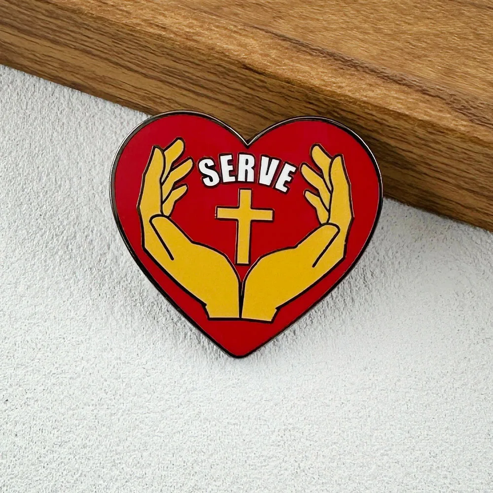 

Christian Religious Theme Service Red Heart Cross Enamel Brooch Inspirational Faith Badge with Open Arms Design Pin Accessories