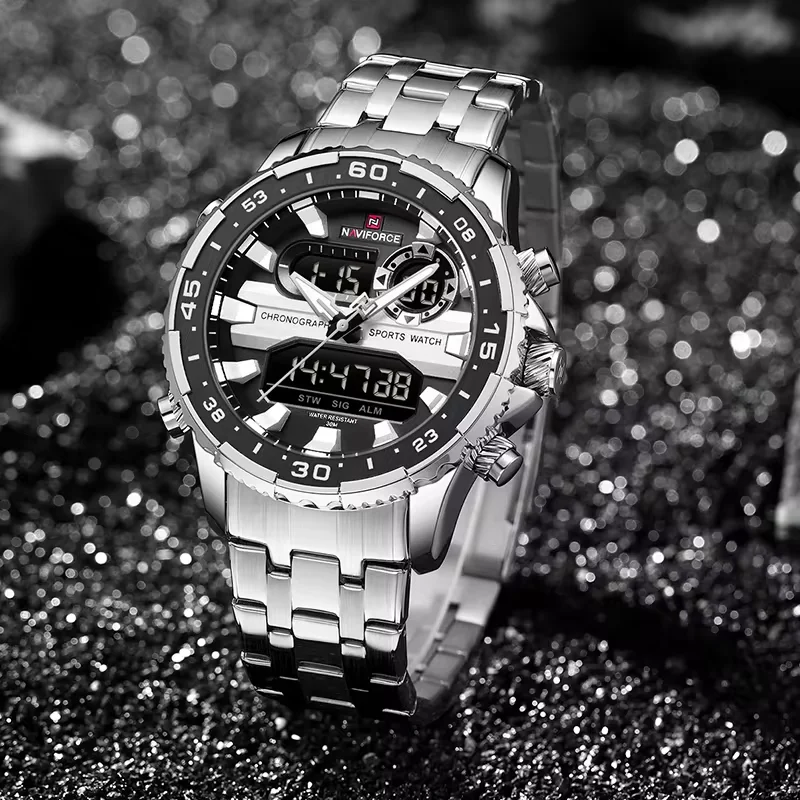 NAVIFORCE ساعات رجالية رجل ساعة 30 متر مقاوم للماء مضيئة الاتجاه الأصلي العلامة التجارية شاشة الكريستال السائل التناظرية الرقمية الكوارتز الذكور ساعة اليد