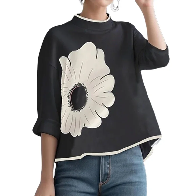 Lemongor 2024 New Women Fashion Flower Printed High-Low T-Shirts Spring Summer Stand Collar Casual Elegant Pullover Tops