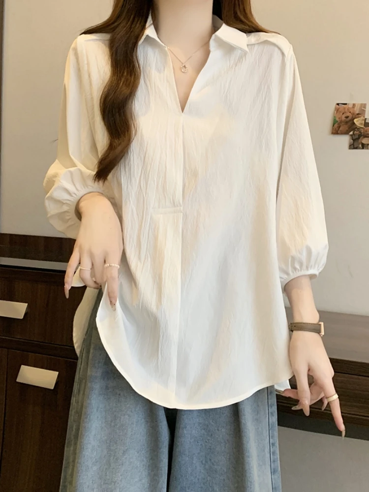Slimming V-Neck White Shirt Women's Base Layer Early Autumn plus Size Conceal Belly Design Sense Seven-Quarter Sleeve Top