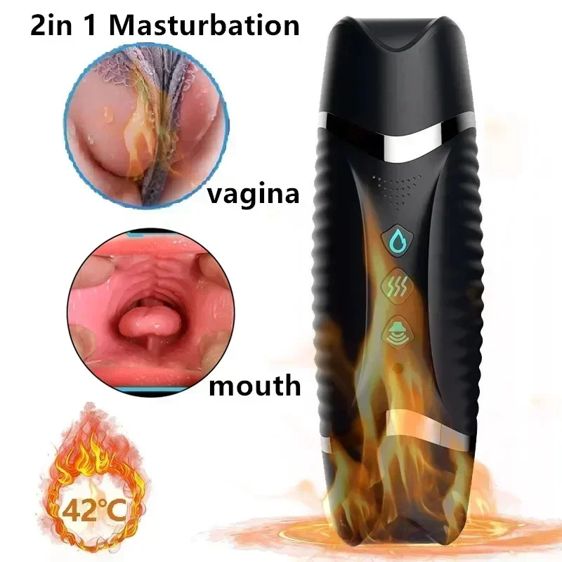 Dual Channel Male Masturbation Cup Heating Vagina Vibrating Mouth Oral Blowjob Vibration 2 in 1 Pocket Pussy Men Masturbator