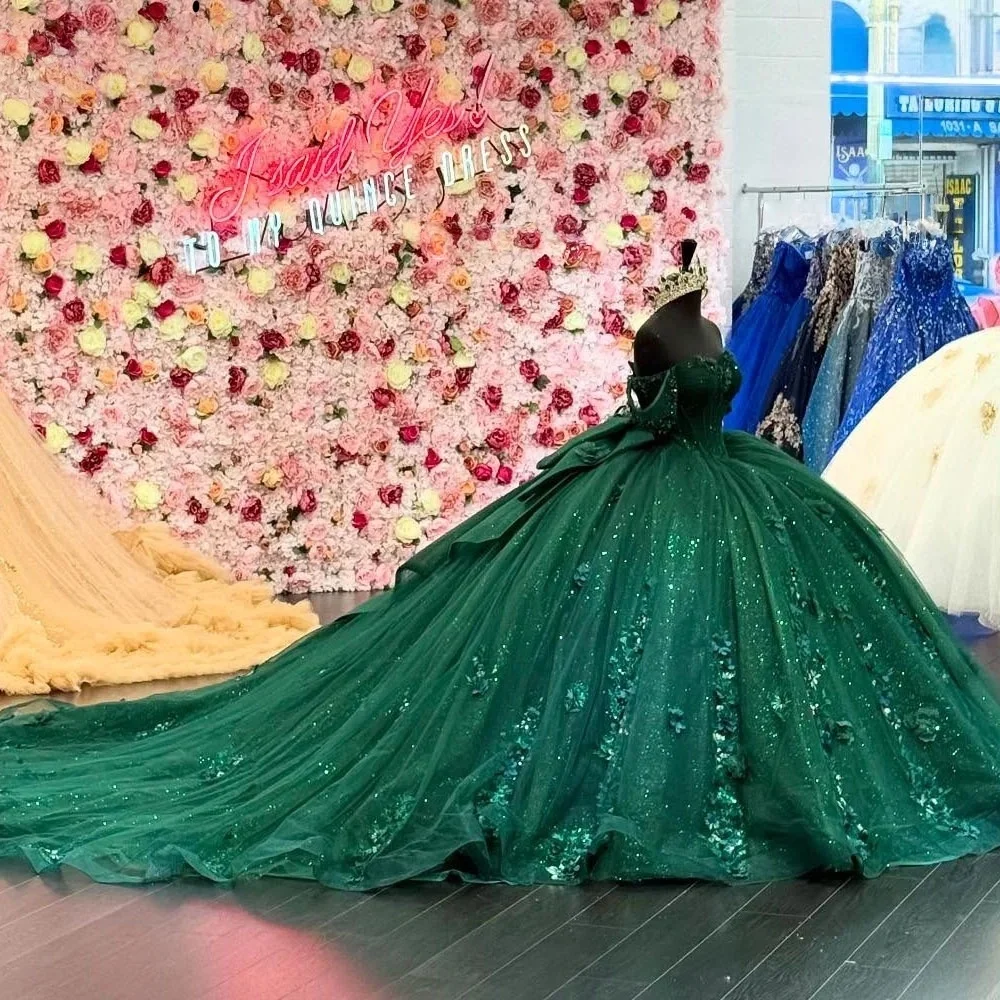 

Зеленые платья Quinceanera, бальное платье с открытыми плечами, расшитое цветочным принтом и бисером, Sweet 16, платья 15 лет, по индивидуальному заказу