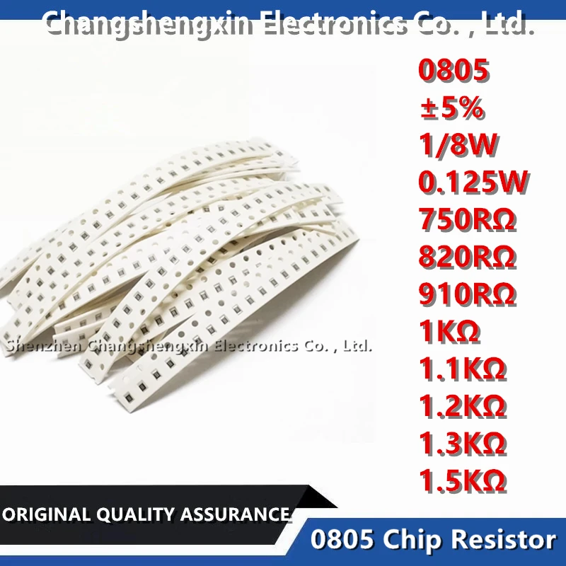 

100PCS 0805 SMT Chip Resistor 1/8W 0.125W Tolerance ±5% Resistance 750RΩ 820RΩ 910RΩ 1KΩ 1.1KΩ 1.2KΩ 1.3KΩ 1.5KΩ Ohms