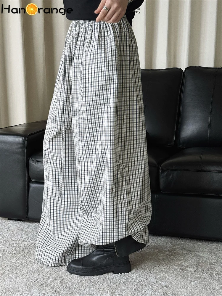 HanOrange Summer Women's Cotton Relaxed Restrained Checkered Pattern Pants 2026 Elastic Drawstrings Plaid Trousers Apricot/Navy