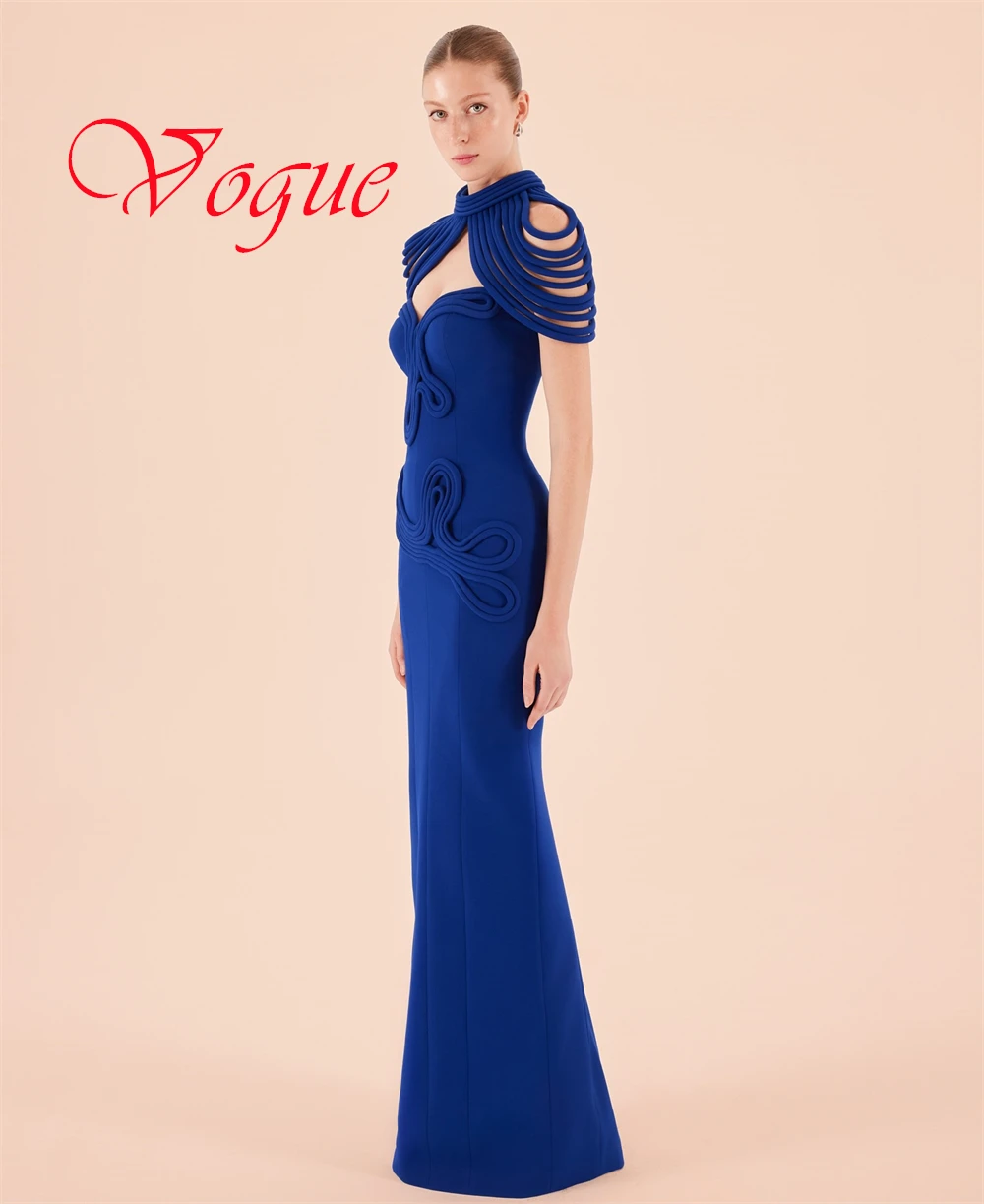 

Customized Exquisite Blue Jersey Evening Dress Temperament High Neckline Shawl Sleeveless Zipper Back Mermaid Homecoming Dress