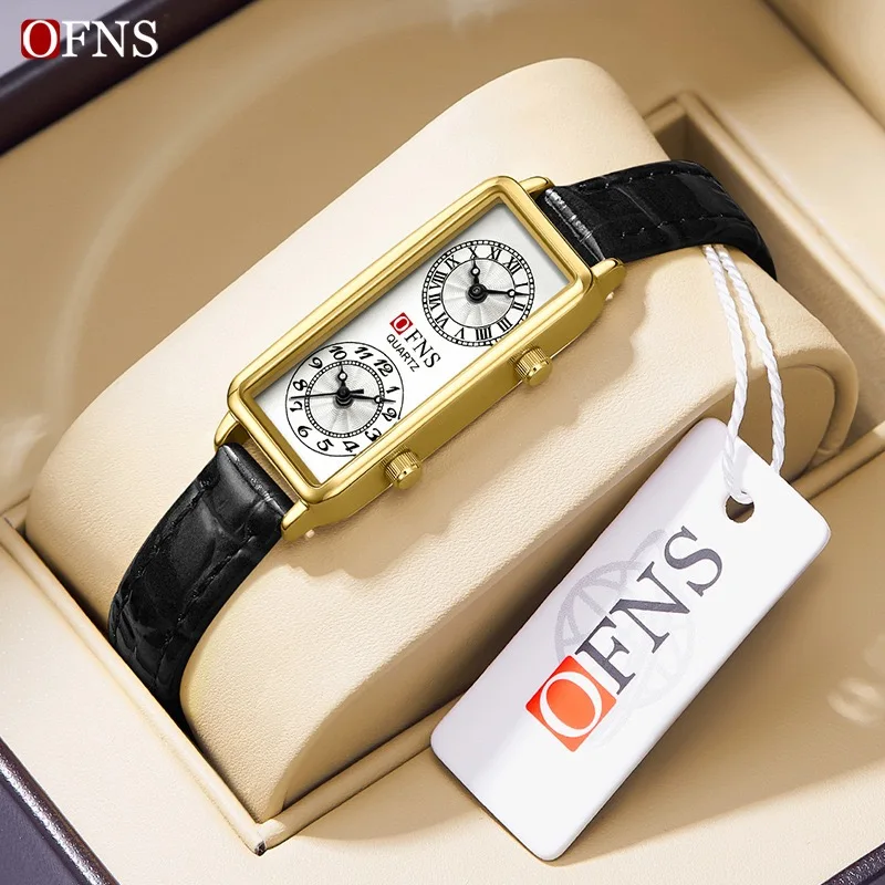 

Women Quartz Watch Luxury Dual Time 2 Dial Movement Clock Stainless Steel Leather New Rectangle Reloj Ladies Classic Wristwatch