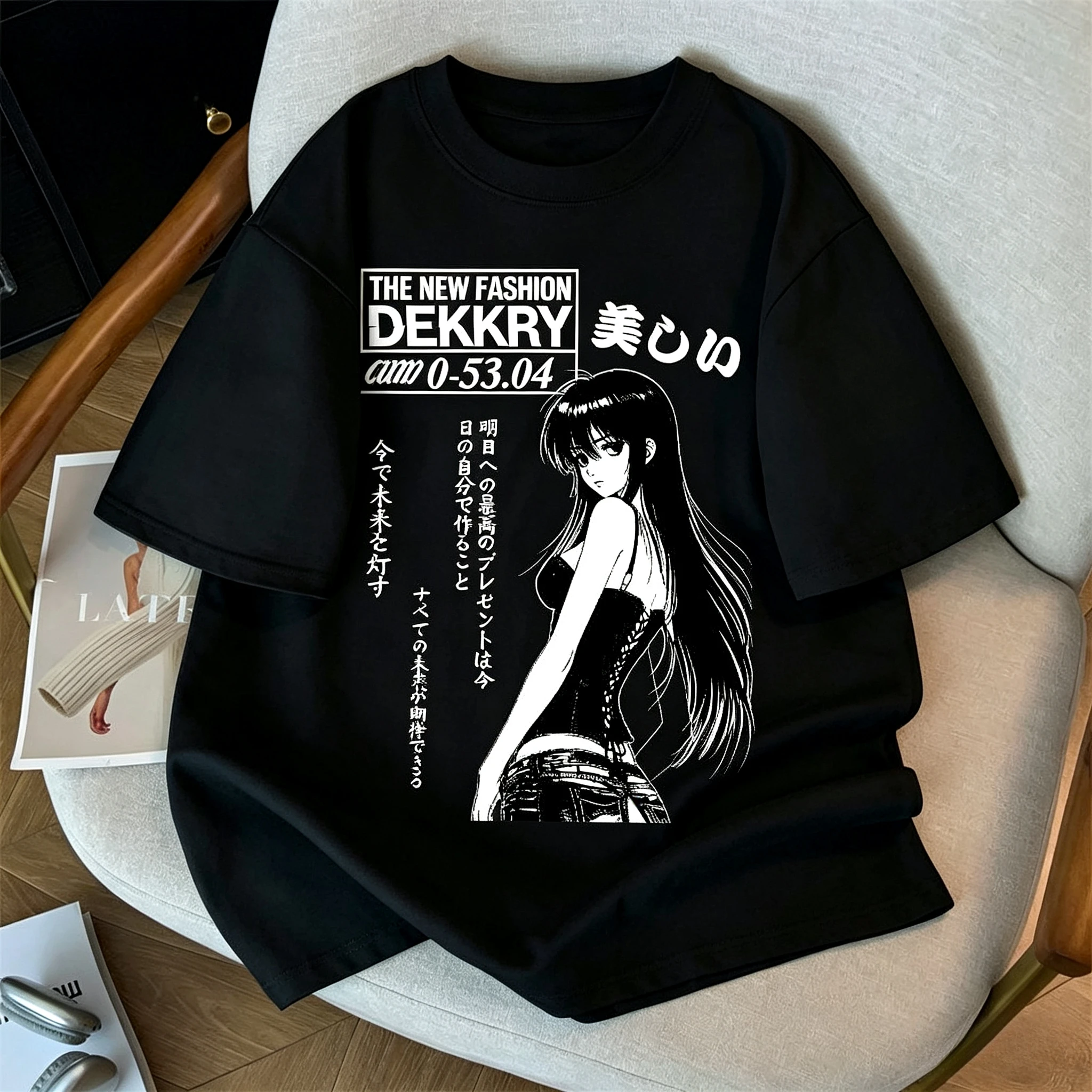 Y2K Harajuku Aesthetic T Shirt Retro Long Hair Anime Girl Japanese Kanji Slogan Front Print Summer Ins Trendy Unisex Cotton Tops