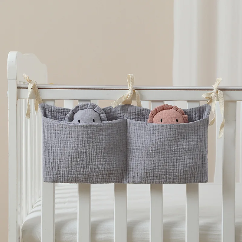 Tas penyimpanan gantung samping tempat tidur bayi, Organizer 2 saku untuk bayi dan mainan gantung pengatur popok bayi