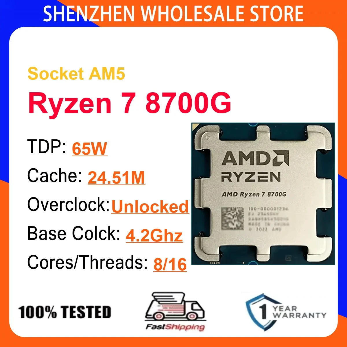 AMD Ryzen 7 8700G 8-Core 16-Thread 4NM 4.2Hz/5.1GHz L3=16MB 65W CPU Gaming Proce Socket AM5 DDR5 NEW No Cooler No Fan