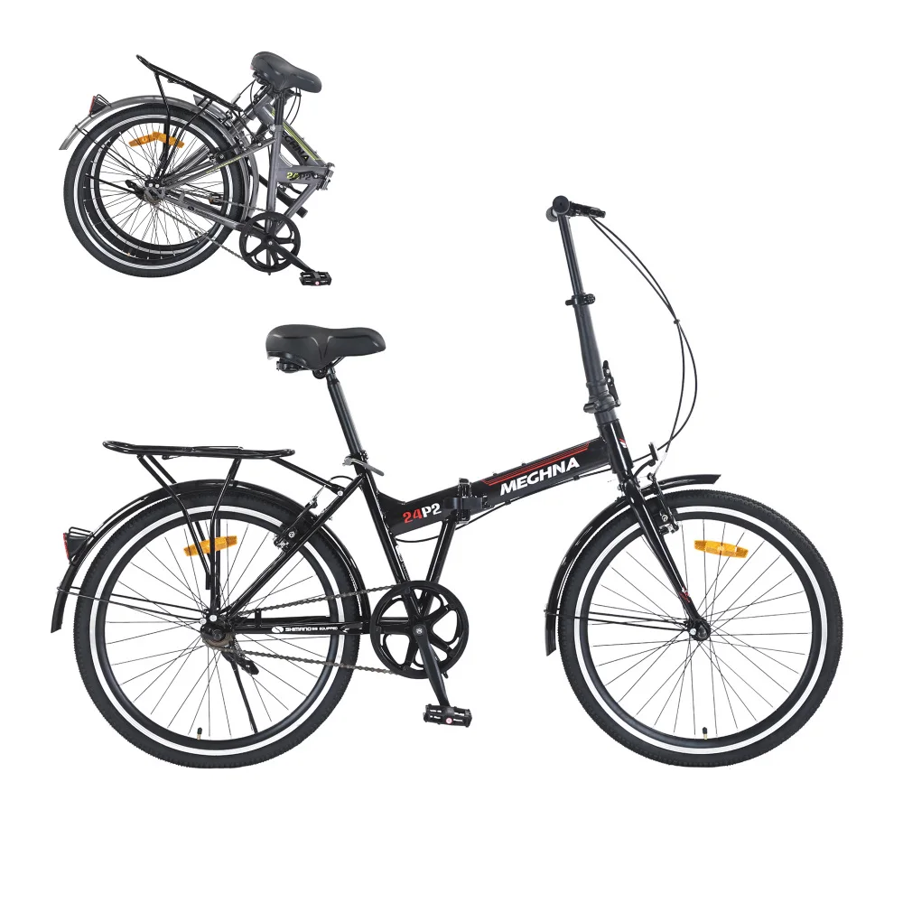 Free Shipping 24Inch Adults Folding Bike Single Speed Steel Frame Dual V Brakes 220LBS Capacity Fenders Compact Commuter Bicycle