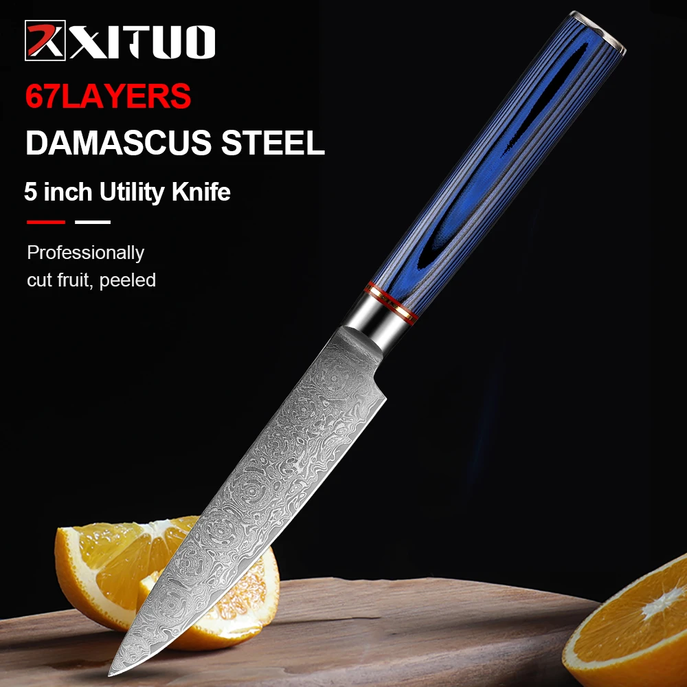 XITUO Utility Paring Knife Damascus Stainless Steel VG10 Razor Sharp Blade Kitchen Cutting Chef Fruit Knife Blue G10 Handle