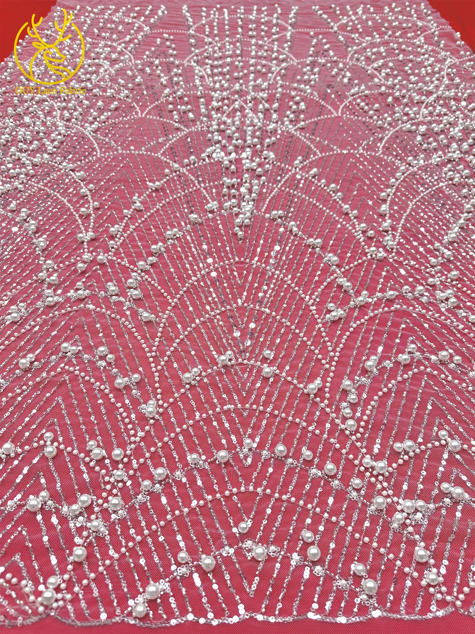 Nigerianischer Hochzeits-DIY-Nähstoff mit großen Perlen, hochwertiger afrikanischer französischer Tüllspitzenstoff mit Pailletten für Hochzeitskleider – Detail 10