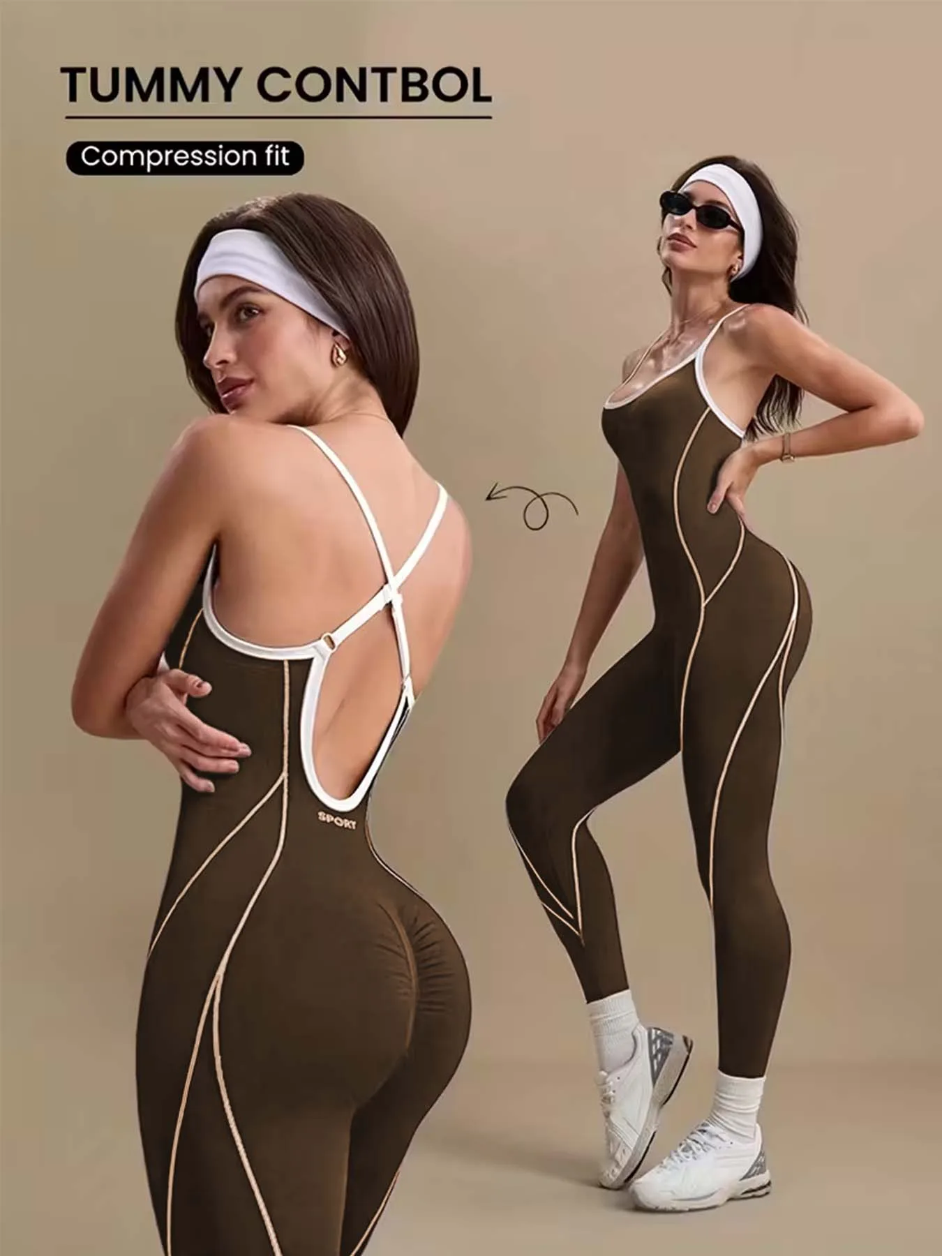 Women's Brown Tummy Control Yoga Jumpsuit Compression Fit Open Back Cross Strap Workout Bodysuit
