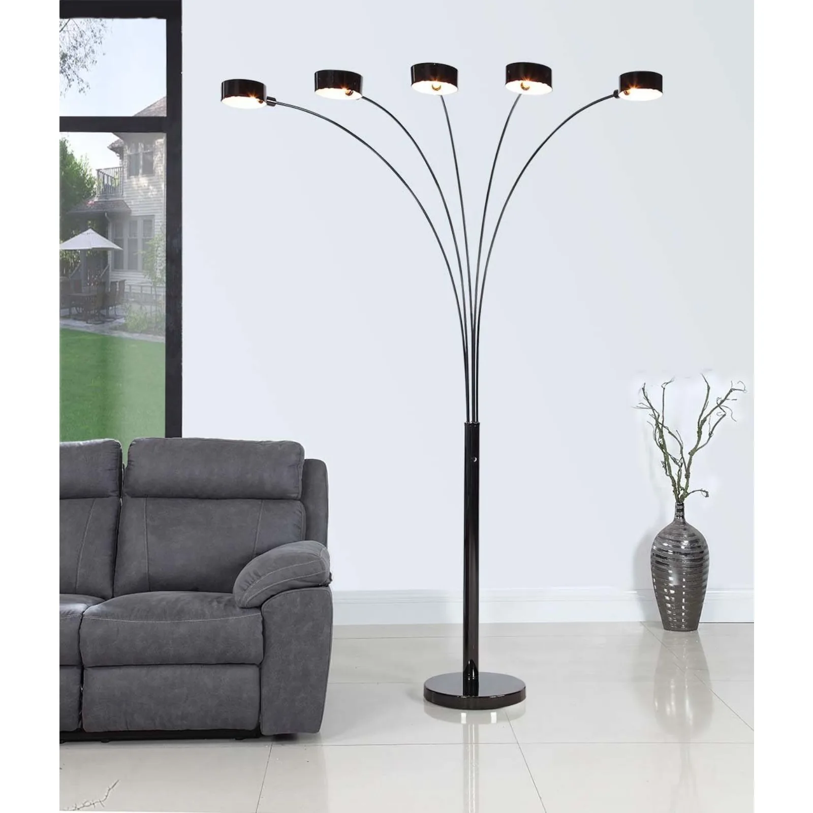 

US Artiva USA LED207901JB Micah Plus Modern Led 88" 5-Arched Floor Lamp with Dimmer, Jet Black/Gun Metal/Black Chrome