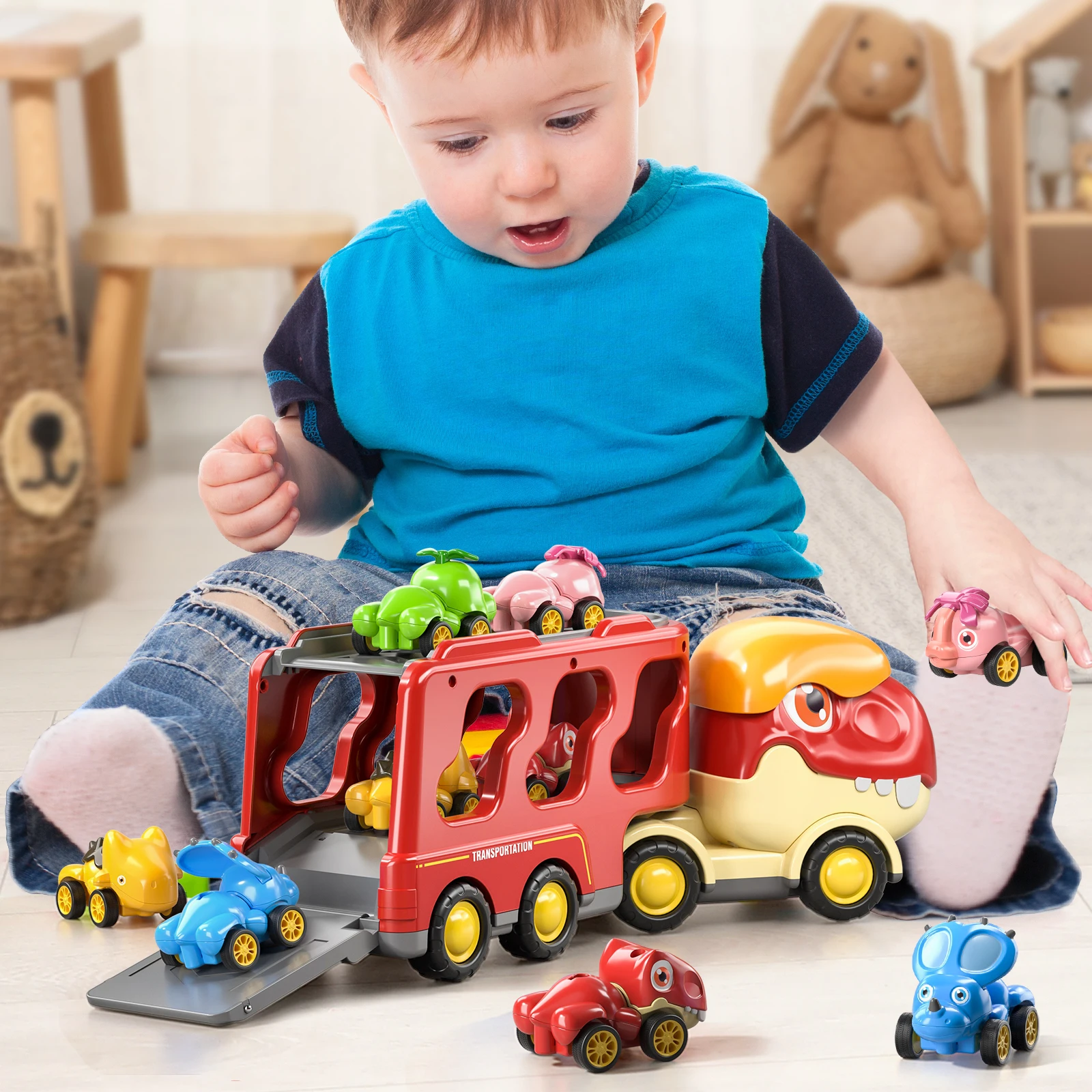 Magical Dinosaur Kids Car Toy Set Transporter Toy with 5 Pieces Dinosaur Figure Car Kids Educational Gift for Boys and Girls