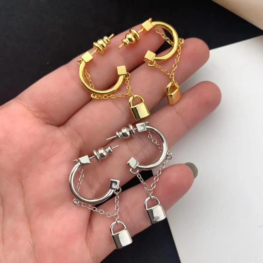 Fashionable niche C-chain hanging lock earrings