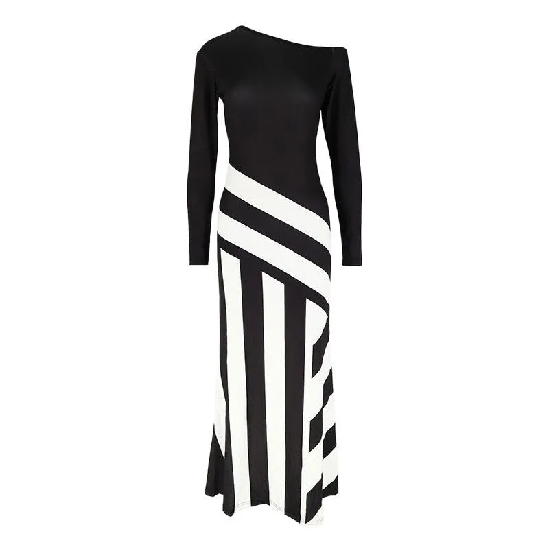 Femmes neuf-quarts manches noir et blanc impression numérique asymétrique rayure T-Shirt robe à la mode décontracté Maxi robe Robes