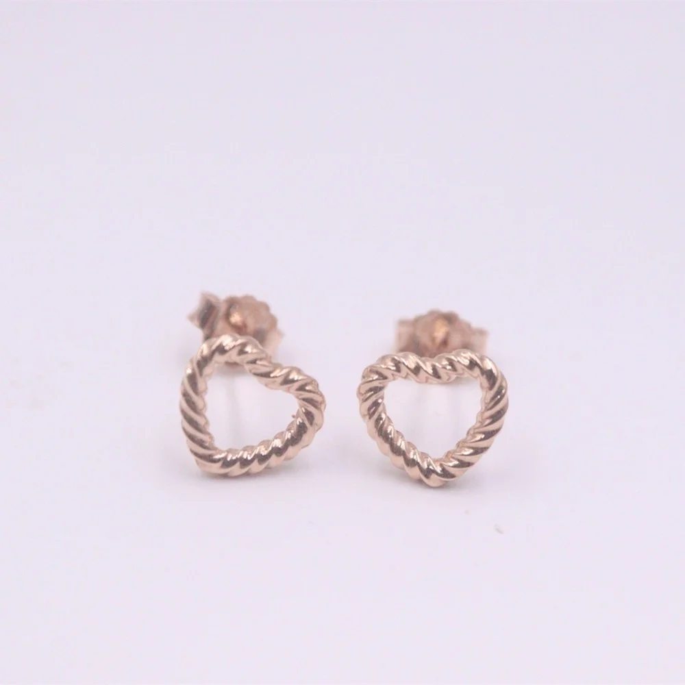 Real Pure 18K Rose Gold Stud Women Lucky Hollow Twist Heart Earrings 1.8g