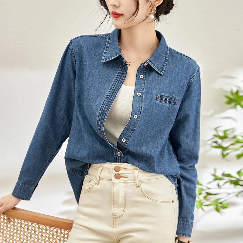 

Spring Autumn Women's Denim Shirt 100% Cotton Shirts And Blouses For Women Turn-down Collar Long Sleeve Woman Casual Blouse Tops