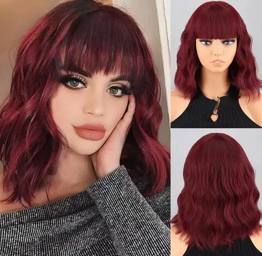 Parrucca sintetica corta Bob marrone blu scuro frangia da donna parrucca nera rosa blu scuro Lolita Party Cosplay uso quotidiano capelli naturali