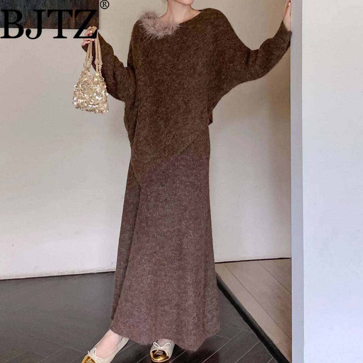 

BJJTZ 2025 Ostrich-Trim Asymmetric Wool Sweater & Slimming Stretch Midi Skirt Blazer Premium Comfort Casual Fall Outfit