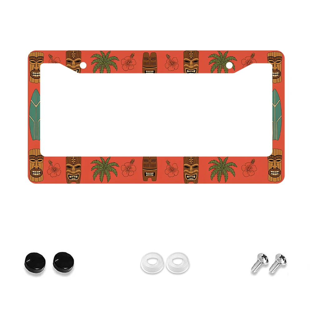 

1pc Red Color Tiki Mask and Palm Tree Pattern 2 Hole License Plate Frame, Aluminum Material, 6x12 Inches, with Screw Set, Retro