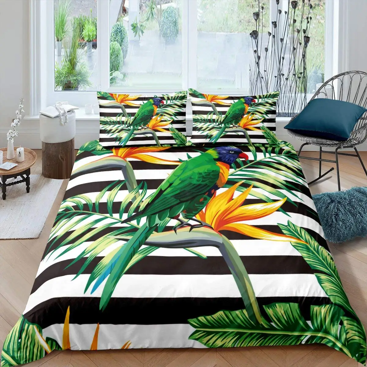 Lunarable Parrots Duvet Cover Realistic Looking Birds on Branches Budgie and Macaw Tropical Wildlife Room Decorative for Adults