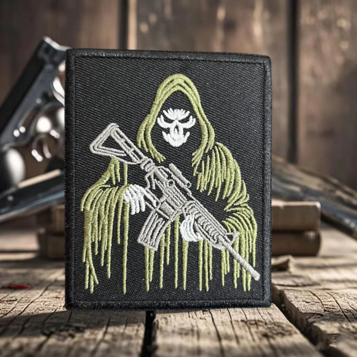 

The Reaper with A Gun Embroidery Tactical Patch Hook&Loop Emblem Military Morale Badge Armband Chevron Clothes Backpack Stickers