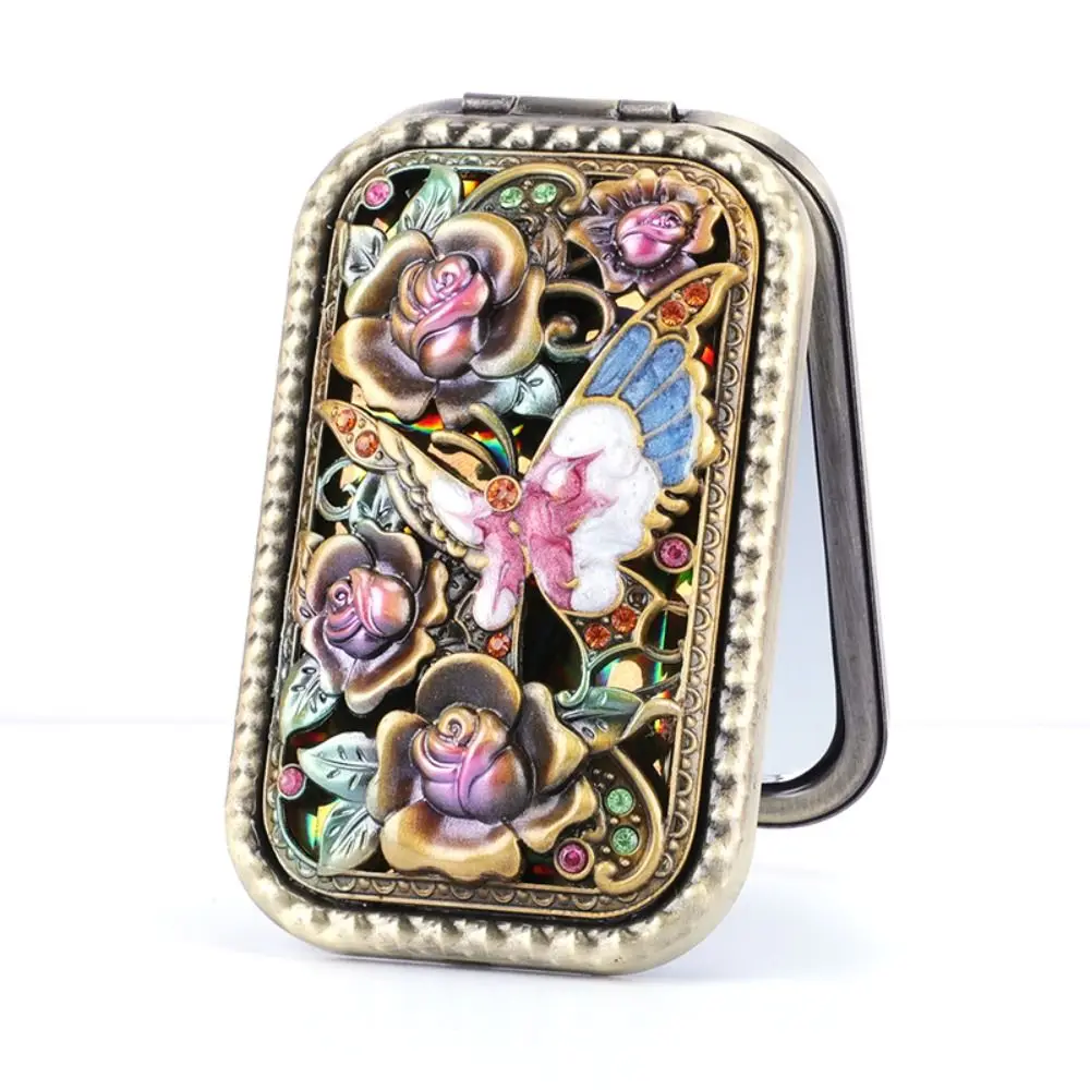 Vanity Mirror Vintage Makeup Mirror Square Retro Compact Pocket Mirror Rhinestone Castle Cosmetic Folding Mirror Women