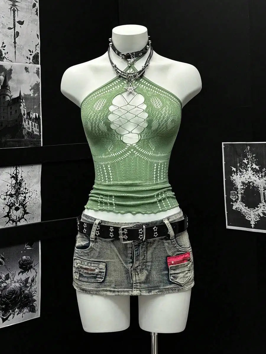 Top Halter Verde de Crochet con Detalle Recortado para Mujer