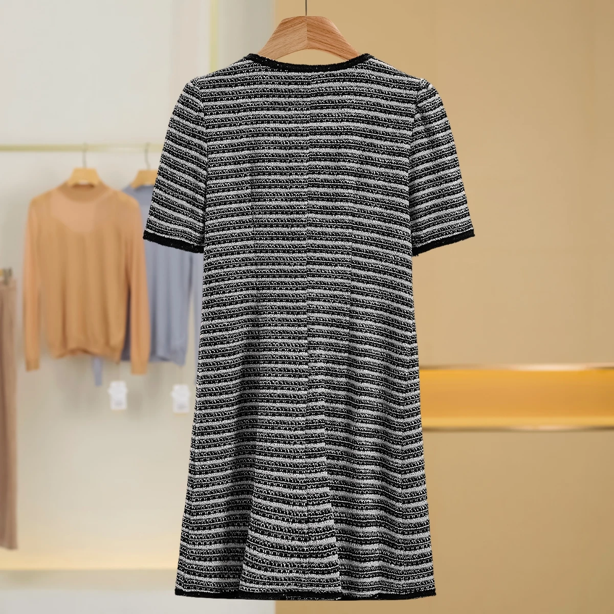 Ele round Ne Striped Dr Xiaolang Sle صيف جديد وصول المرأة الدكتور البوليستر مزيج القطن ort Sve ميدي الدكتور #2