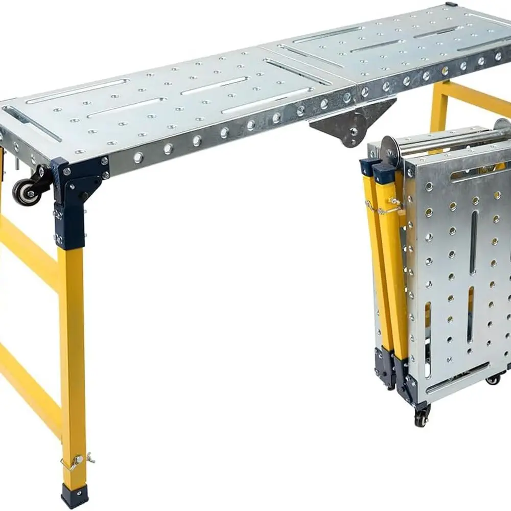 Folding Steel Welding Table with 1100lbs Capacity, Wheels, and Handle for Workshops and Garages