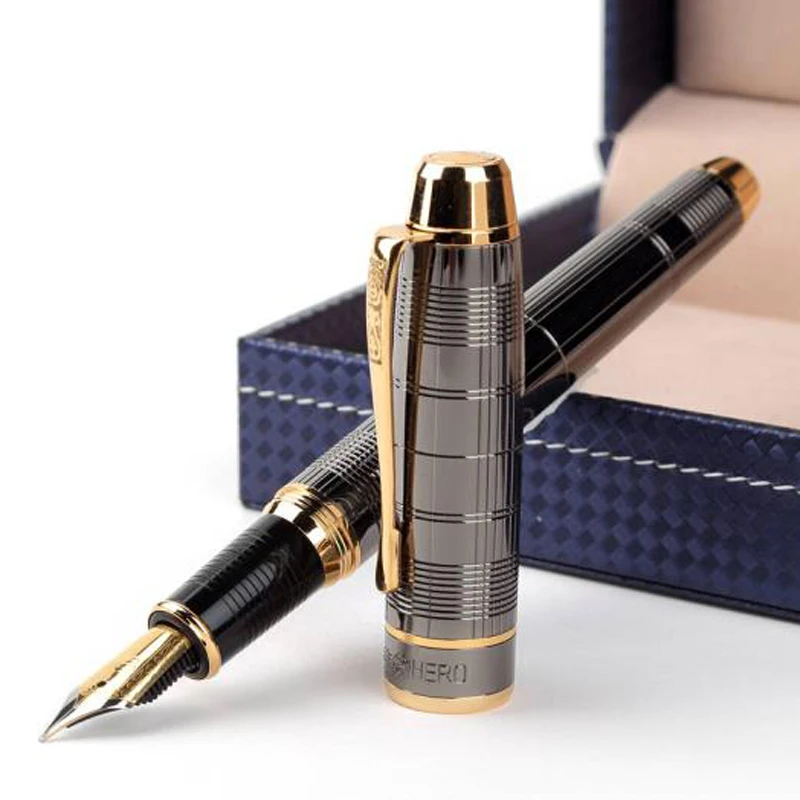 Hero 953 Fountain Pen Metal Brushed Grey Grids Patterns Office & Home & School Writing Ink Pen Iraurita Fine 0.5mm HF003