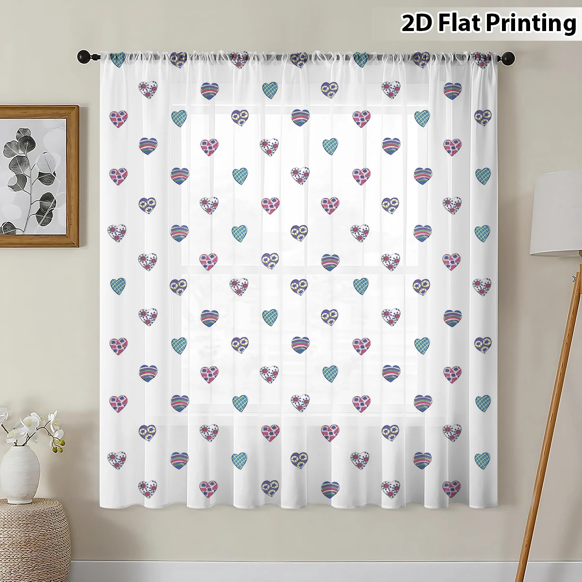 1pc Colorful Heart Pattern Sheer Curtain - Playful Pole Window Curtain for Romantic Home Decor