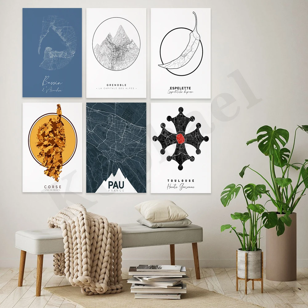 Toulouse Pau Coles Espelette Grenoble Bordeaux Arcachon Bay. French Cities Map. Art Poster For Home Wall Decoration