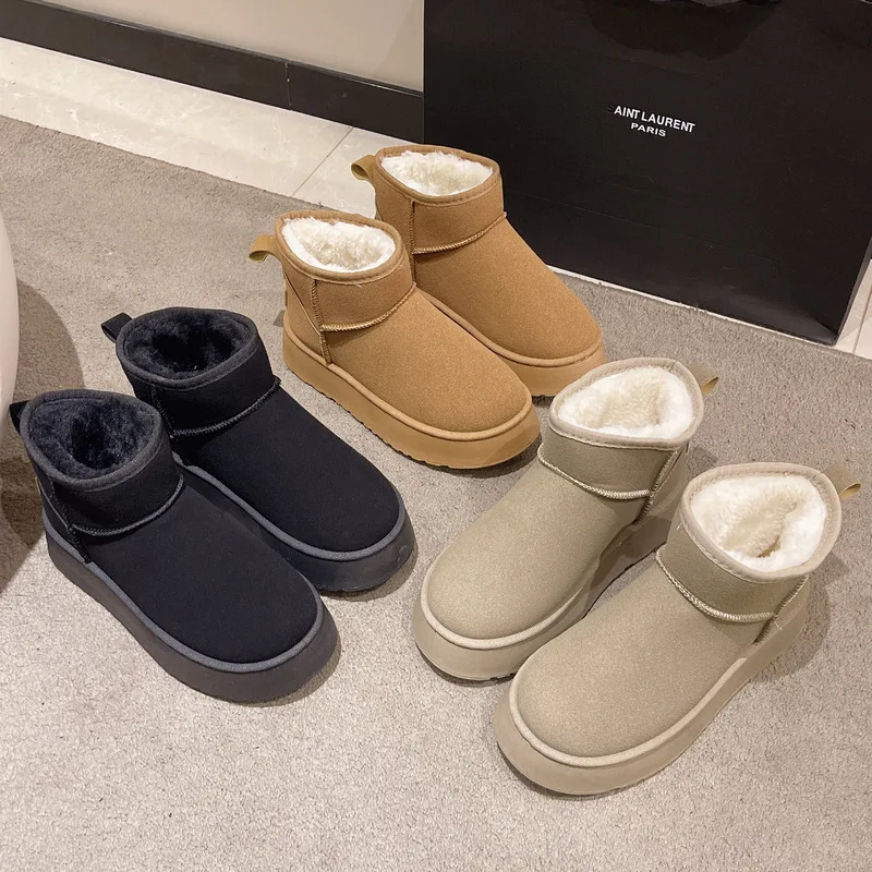 

Thick Bottom 40cm Fleece Lined Short Booties Women's Retro round Toe Winter Snow Boots Casual Style Synthetic Leather EVA
