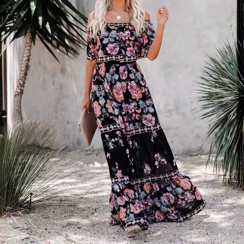 Flower Print Off Shoulder Long Dresses For Women Spring Summer New Fashion Temperament High Waist Leace-up Dress Female Vestidos