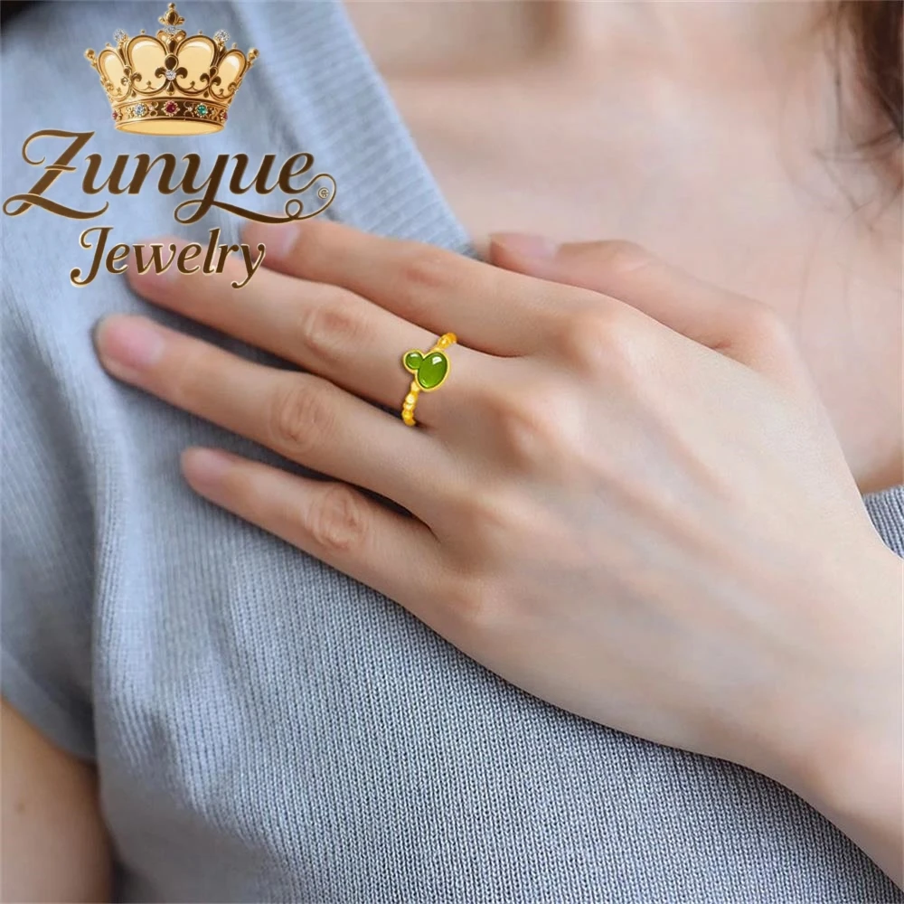 

S925 Silver Inlaid Authentic Natural Old Hotan Jasper Calabash Jade Ring high-end Couple Fashion Jewelry Holiday Gifts Souvenir