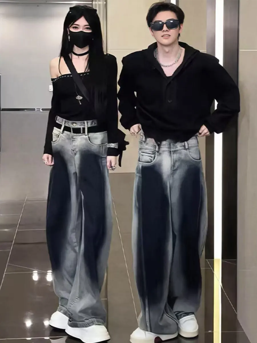 

Retro American Dyeing Wash Gradient Jeans Loose Casual High Waist Wide Leg Pants Youth Fashion Wear Resistant All Seasons