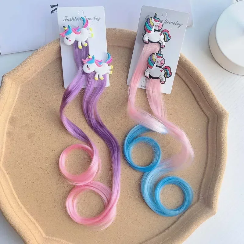 2pcs/set Kids Girls Unicorn Colorful Wig Hair Pin Children New Headwear Fake Twist Gradient Braid Headdress Hair Accessories