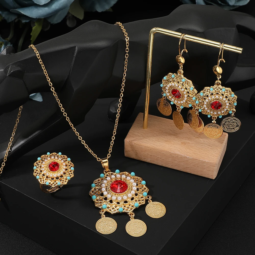 Arab Hot sale Jewelry Sets bohemian tassel pendant Necklace Earring Ring  Set stainless steel golden  for Women Wedding jewelry