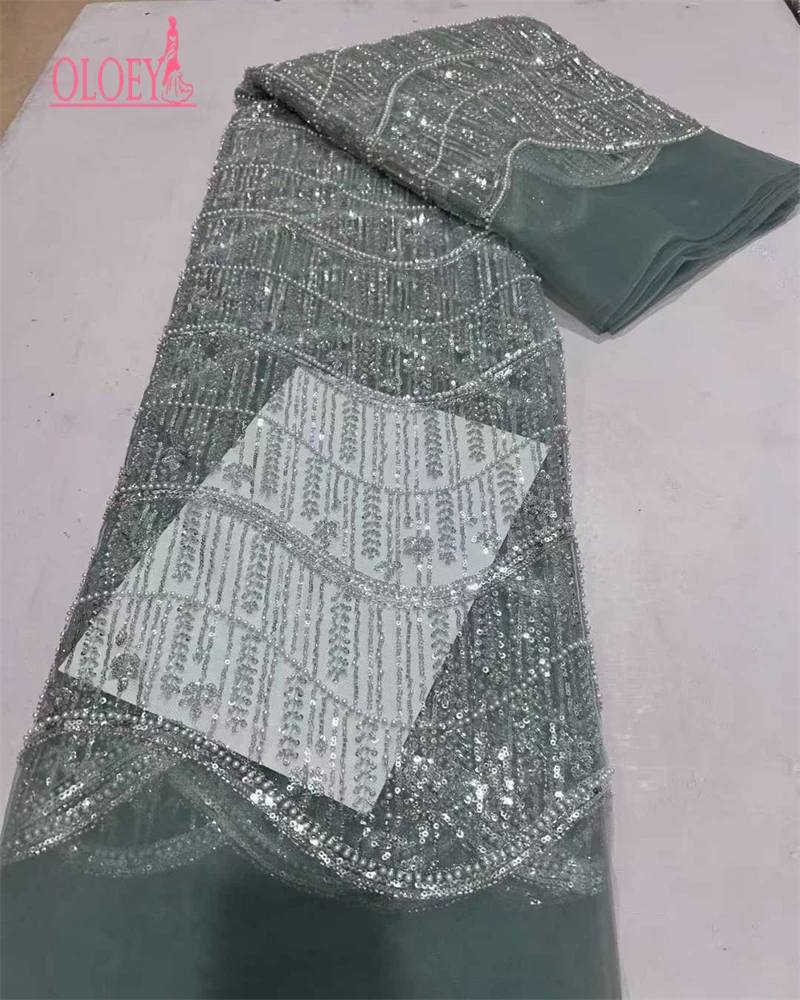 OLOEY Tessuto di pizzo con perline africane Tessuto di tulle francese di pizzo con paillettes nigeriane di alta qualità per abito da festa di nozze Sewin