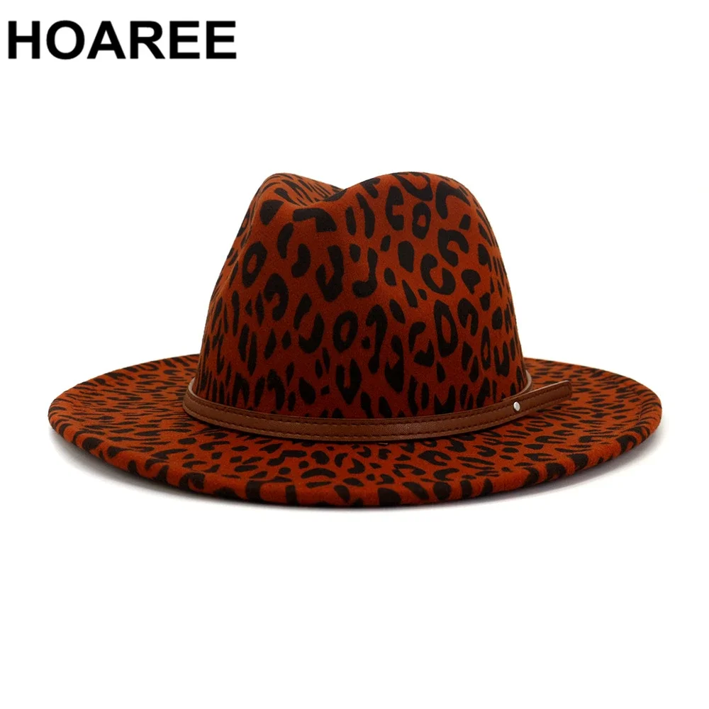 HOAREE Camel Leopard Wool Jazz Fedora Hats with Belt Casual Women Felt Hat Ladies Trilby Party New Design Fashion Leopard Fedora